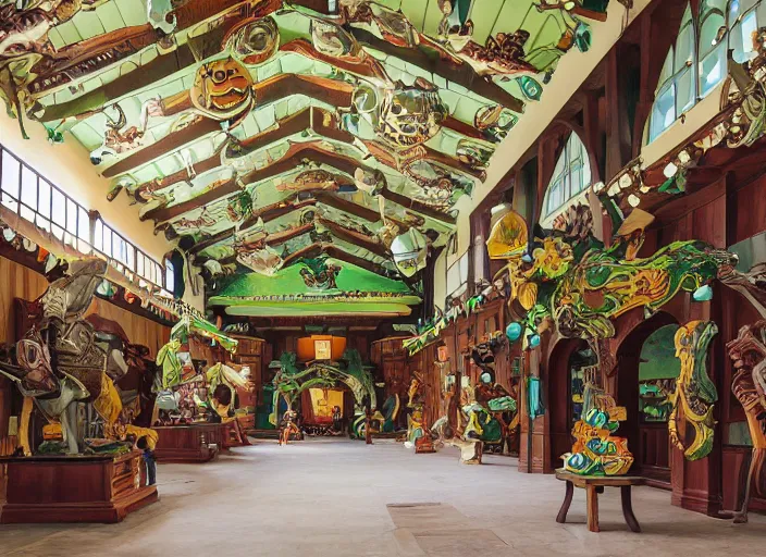 Prompt: main hall with horse statues, green and brown decorations by studio ghibli painting