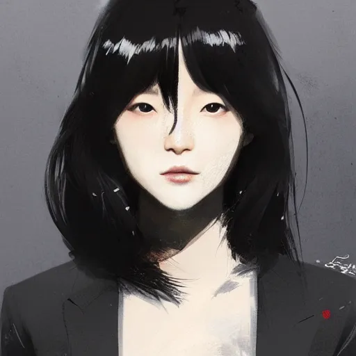 Image similar to portrait of a beautiful korean girl wearing a men's tuxedo, with bangs, long hair and bangs, angular features, angry expression, dramatic lighting, illustration by Greg rutkowski, yoji shinkawa, 4k, digital art, concept art, trending on artstation