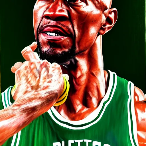 Prompt: portrait of mark wahlberg portraying boston celtics kevin garnett, oil on canvas by william sidney mont, trending on art station