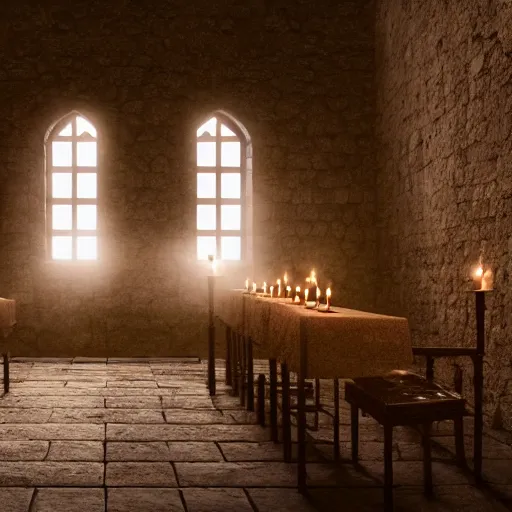 Image similar to the interior of a medieval castle with knights templar, diffused light, candles, mystical