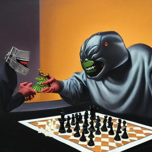 Image similar to beautiful lifelike painting of mf doom in a chess tournament with godzilla, hyperreal detailed facial features and uv lighting, art by ed roth and basil wolverton