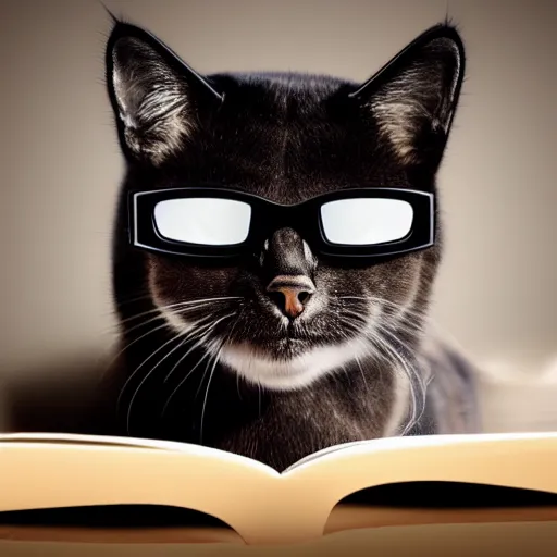 Prompt: ultra-realistic photo of the cat in glasses reading a book