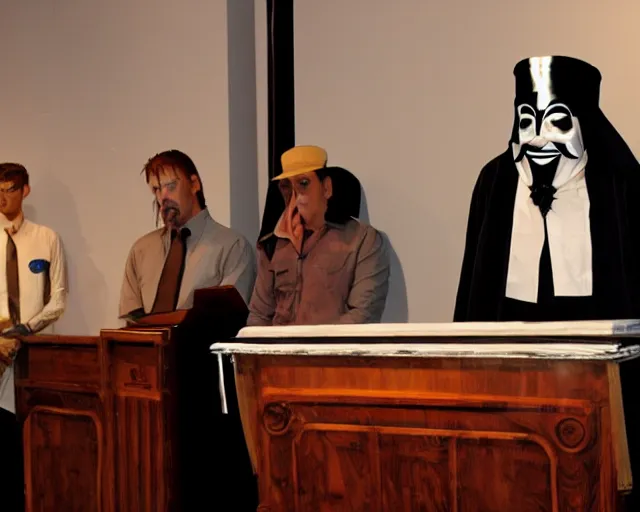 Image similar to professor anonymous wearing guy fawkes mask giving presentation at lectern, large presentation display