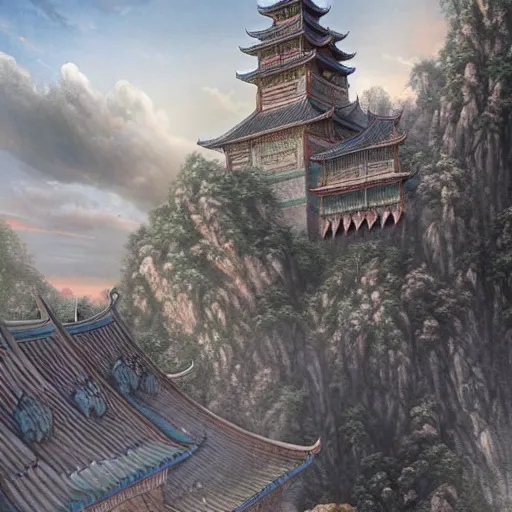 Image similar to dynamic composition, motion, ultra-detailed, incredibly detailed, a lot of details, amazing fine details and brush strokes, colorful and grayish palette, smooth, HD semirealistic anime CG concept art digital painting, watercolor oil painting of epic castle gate, from Three Kingdoms, by a Chinese artist at ArtStation, by Huang Guangjian, Fenghua Zhong, Ruan Jia, Xin Jin and Wei Chang. Realistic artwork of a Chinese videogame, gradients, gentle an harmonic grayish colors.