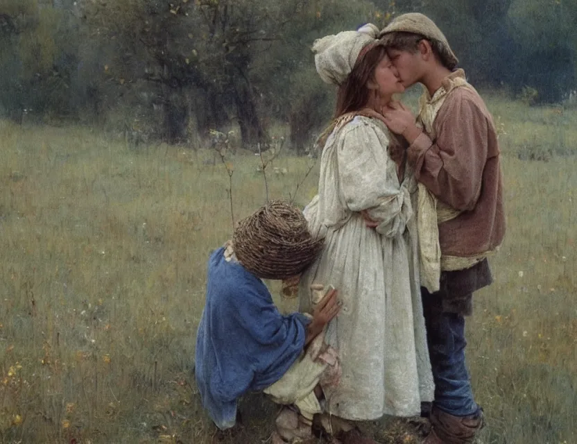 Image similar to peasant boy and girl first kiss, on a village, Cinematic focus, Polaroid photo, vintage, neutral colors, soft lights, foggy, by Steve Hanks, by Serov Valentin, by lisa yuskavage, by Andrei Tarkovsky 8k render, detailed, oil on canvas