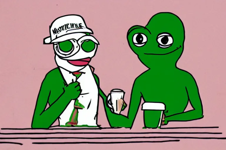 Image similar to pepe the frog in a tony montana costume drinking coffee in the office, 8 0 s style, cinematographic photo
