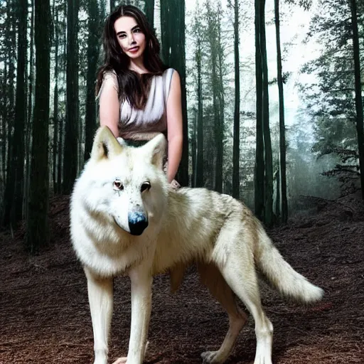 Prompt: adelaide kane standing next to a large white wolf in a forest