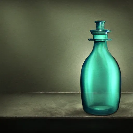 Prompt: a painting of a steampunk aquamarine colored potion bottle in a dark dusty vintage science lab, by h. r. giger, hyperrealistic fantasy art, concept matte, ethereal, dreamy, digital art, trending on artstation, volumetric cinematic lighting