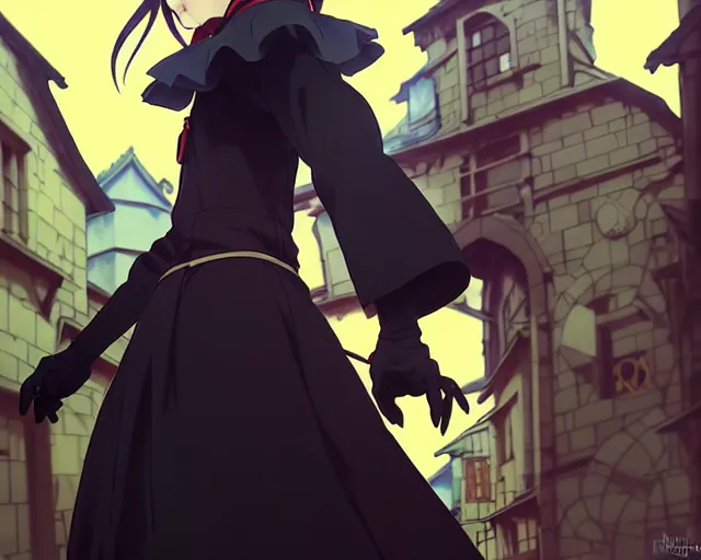 Image similar to ilya kuvshinov, cel shading, moody, key anime visual portrait of a young female witch walking through a busy medieval village, dynamic pose, dynamic perspective, cinematic, dramatic lighting, muted colors, detailed silhouette, textured, anime proportions, alphonse mucha, perfect anime face, kyoani, yoh yoshinari, takashi murakami