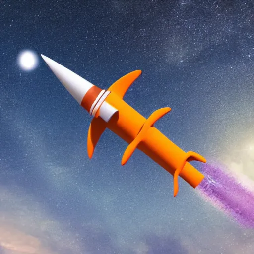 Image similar to orange and white rocket flying through the sky, a digital rendering by christopher moeller, shutterstock contest winner, space art, ue 5, redshift, uhd image