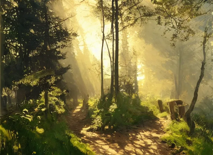 Prompt: oil painting of medieval forest path in dawn by anders zorn, wonderful art by greg rutkowski, incredible lighting, shadows, beautiful cinematic light, american romanticism by greg manchess, tall rocky mountains and storm clouds, sun rays, sunshine, bright sunny summer day, stone walls and wooden fences, meadow