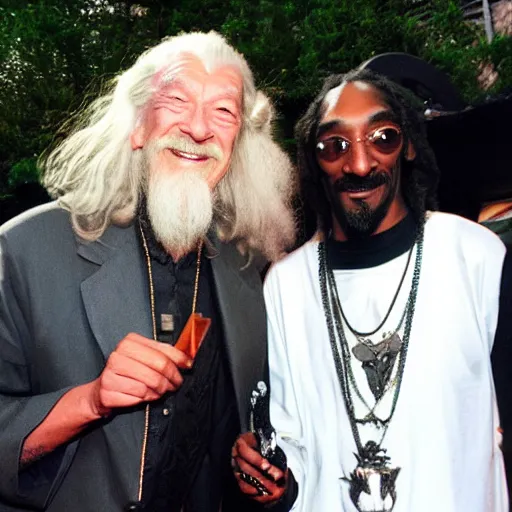 Image similar to gandalf and snoop dogg smoking weed smiling