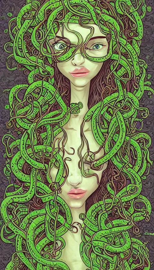 Image similar to very detailed portrait of a 2 0 years old girl surrounded by tentacles, the youg woman visage is blooming from fractal and vines, by jhonen vasquez