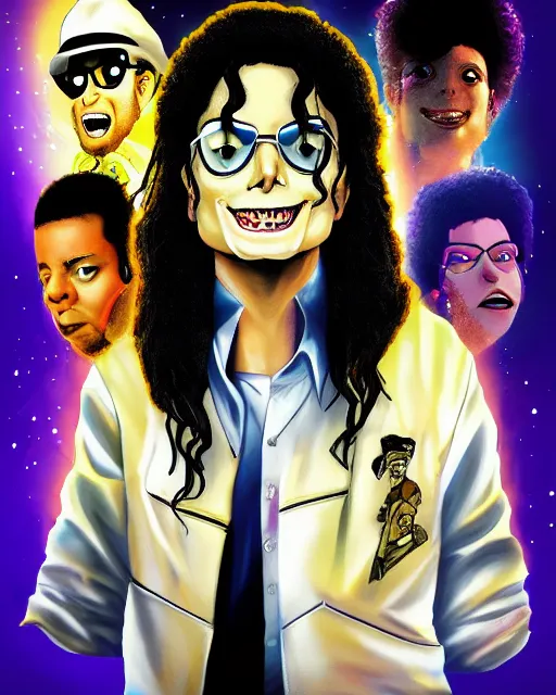 Image similar to portrait of michael jackson in the style of justin roiland. cinematic lighting. style of rick & morty. photographic, photography. by justin roiland