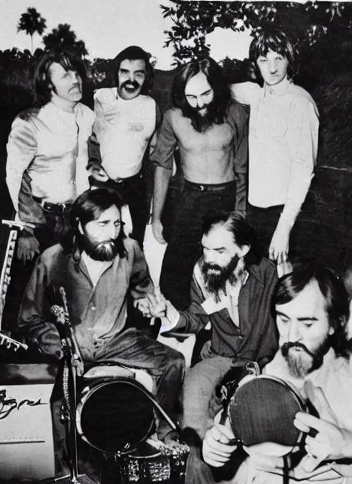 Image similar to vintage magazine photo depicting charles manson playing tambourine with the beach boys