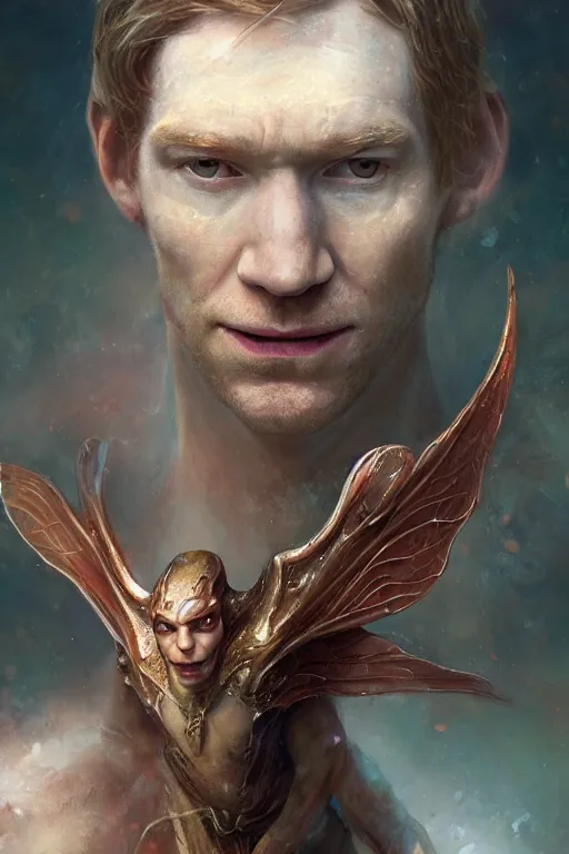 Prompt: closeup portrait shot of domhnall gleeson as puck, robin goodfellow, pooka, fairy wings, highly detailed, digital painting, artstation, concept art, soft focus, depth of field, artgerm, tomasz alen kopera, peter mohrbacher, donato giancola, wlop, boris vallejo