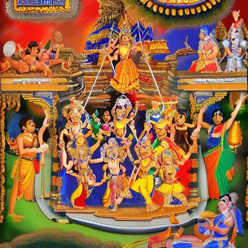 Prompt: indian mythological war of gods, hindu gods, ramayana scene