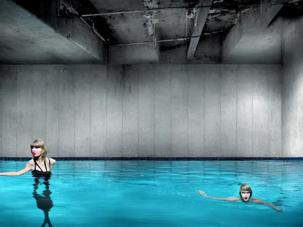 Prompt: taylor swift swimming inside a disgusting abandoned swimming pool liminal space nostalgia grey black mould