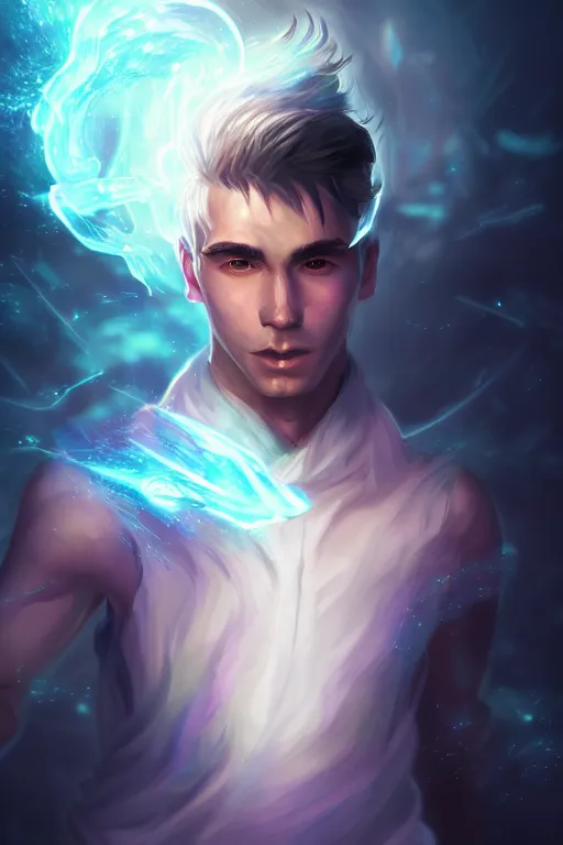 Prompt: a human elemental sorcerer, blurred environment background, magic effects, white skin, portrait, male, sharp focus, digital art, concept art, post processed, dynamic lighting, by emylie boivin and rossdraws