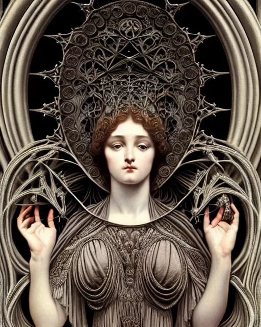 Image similar to hyperrealistic detailed portrait of a beautiful young goddess morphing into a gothic cathedral, authentic ornamental architecture, art by ernst haeckel, john william godward, android jones, h. r. giger, gothic, neo - gothic, heavily ornamental,