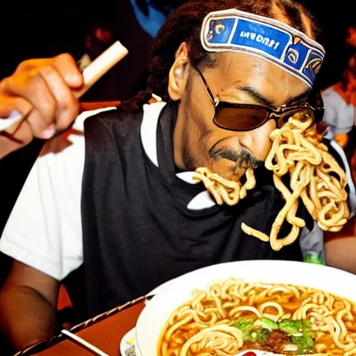 Image similar to Snoop Dog eating ramen in a restaurant