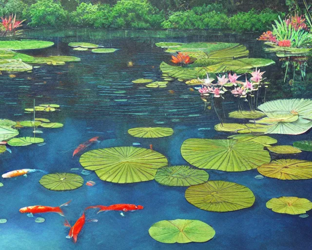 Image similar to koi pond, lotus flowers, dark blue water, green lily pads, goldfish, a fantasy painting by makoto shinkai and James Gurney, trending on artstation