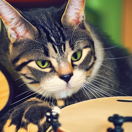 Image similar to a cat playing the bongos, stock photo