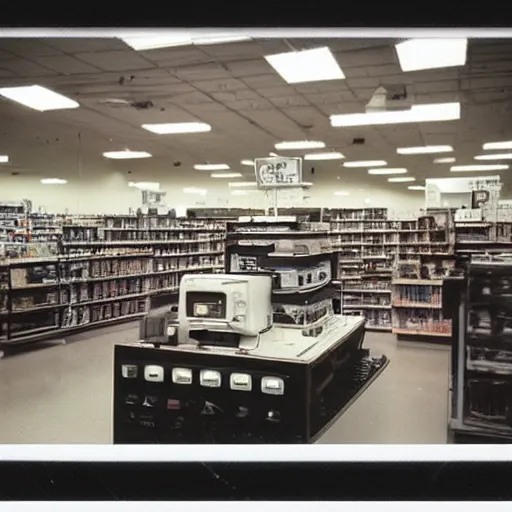 Prompt: “Fred Meyer electronics department in 1990. Polaroid”