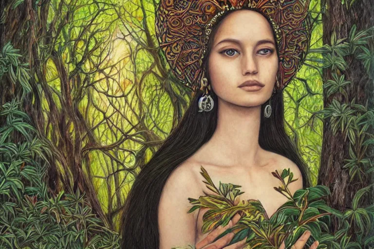 Image similar to a calm beautiful queen sitting in the forest by amanda sage, portrait,