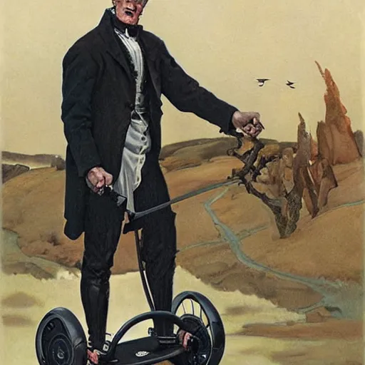 Prompt: frankenstein on a segway chasing crows, painting by by jc leyendecker