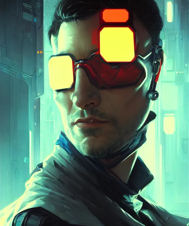 Image similar to Hacker cyberpunk man portrait, highly detailed, digital painting, artstation, concept art, smooth, sharp focus, illustration, art by artgerm and greg rutkowski and alphonse mucha