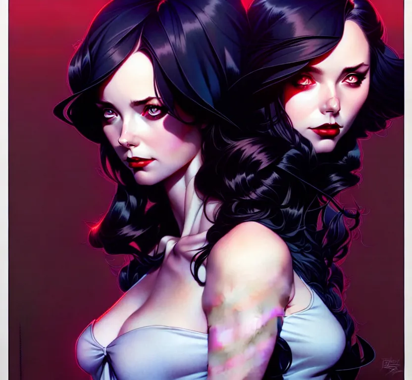 Image similar to artgerm, joshua middleton comic cover art, full body pretty kacey rohl vampire, symmetrical eyes, symmetrical face, long curly black hair, dark castle background background, cinematic lighting