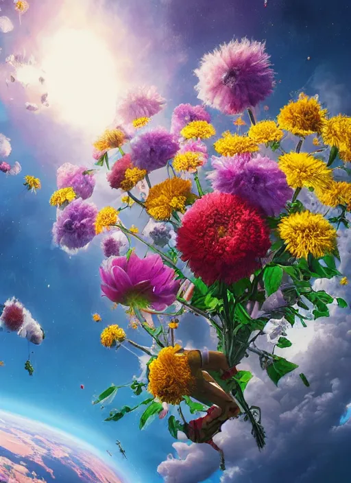 Image similar to An epic fantastic realism comic book style painting of the most beautiful flowers launched into space, bouquets, fisheye lens, unreal 5, DAZ, hyperrealistic, octane render, dynamic lighting