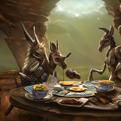 Image similar to zoom out, ultrarealistic, ultradetailed, war donkey eating breakfast, sitting on a futuristic table with aliens, at the end of the universe, very very very ultradetailed, epic fantasy style art, fantasy epic digital art, epic fantasy art, hearthstone style art, pathfinder, dungeons and dragons, floral, planets, stars, galaxies, highlights, organic, concept art