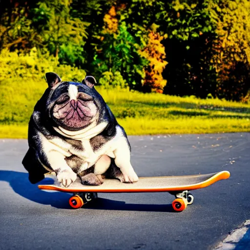 Image similar to morbidly obese dog riding a skateboard, photograph, 4 k