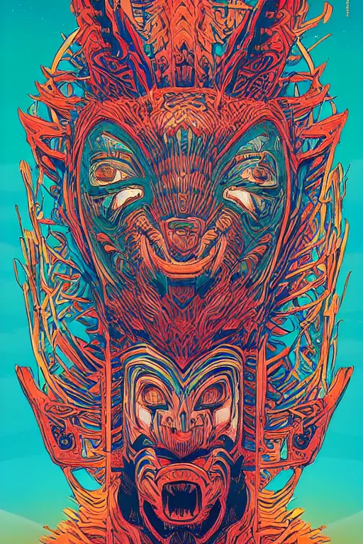 Image similar to totem animal tribal chaman vodoo mask feather gemstone plant video game illustration vivid color borderlands and by feng zhu and laurie greasley, victo ngai, andreas rocha, john harris radiating a glowing aura