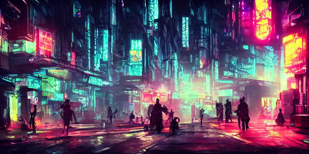 Image similar to digital art, trending on artstation, dystopian cyberpunk night street with neon