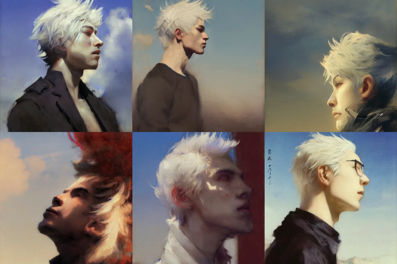 Prompt: a young man with white hair gazing up at the blue sky. By John Harris. Ruan Jia. Ayami Kojima