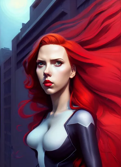 Image similar to peter mohrbacher, phil noto, artgerm, pretty scarlett johansson black widow, symmetrical eyes, long red hair, city rooftop