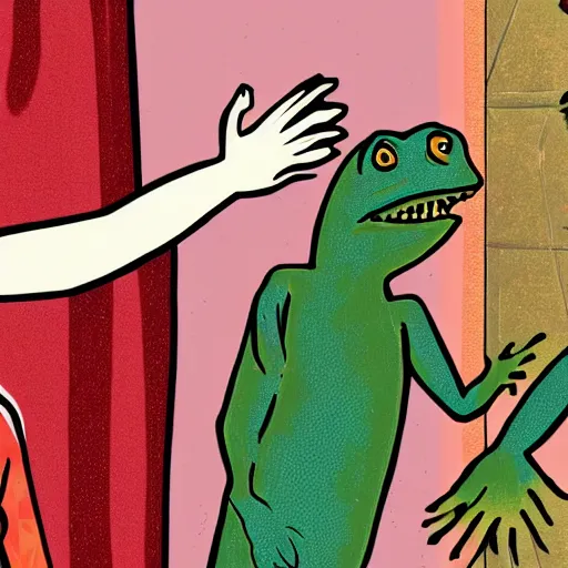 Image similar to A lizard person shaking hands with a religious icon