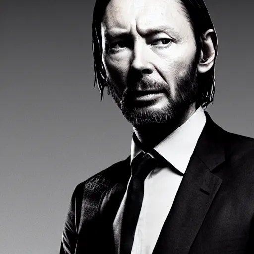 Image similar to thom yorke as john wick professional photo shot