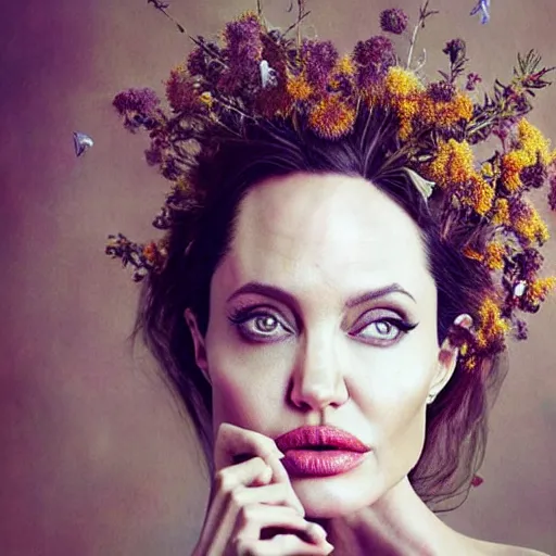 Image similar to fine art photo of angelina jolie, she has a crown of dried flowers, by oleg oprisco