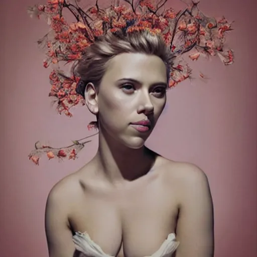 Prompt: Scarlett Johansson portrait with face made of wild flowers