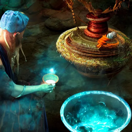 Image similar to a shaman preparing a magic decoction in a dreamy atmosphere, 4 k, 3 d, photo