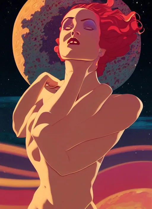 Image similar to poster artwork by michael whelan and tomer hanuka, portrait of beautiful sensual dancer in the clouds of jupiter, clean, art deco