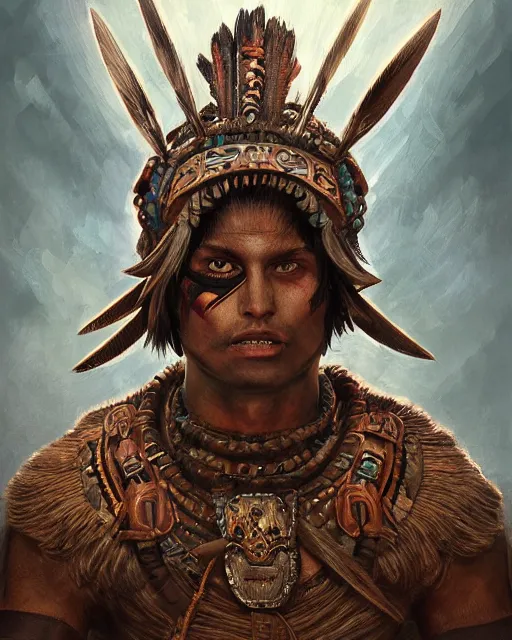 Prompt: digital painting of a warrior cuextecatl by filipe pagliuso and justin gerard, symmetric, fantasy, detailed, intricate, portrait, sharp focus, tarot card, handsome