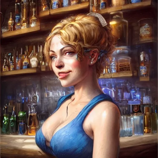 Prompt: an insanely detailed portrait of a smiling beautiful barmaid with short blue hair working at a rustic saloon, highly detailed features, sparkling blue eyes, long eyelashes, in the style of peter mohrbacher, artgerm, dramatic lighting and composition, octane render, trending on artstation, concept art 8 k