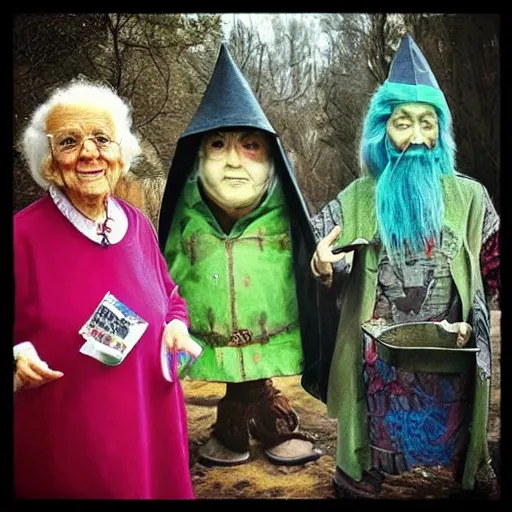 Prompt: “three wizards traveling through time to visit grandma's for dinner, realistic”