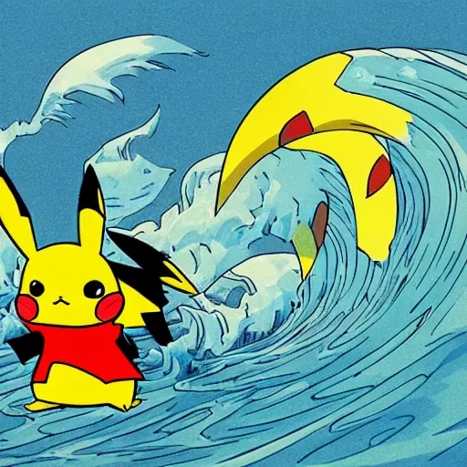 Image similar to pikachu surfing on the great wave