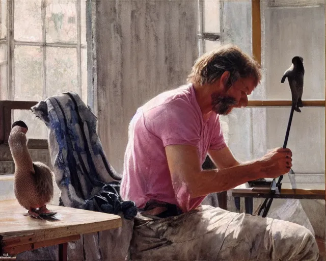 Image similar to an exhausted painter in his studio painting a picture of a pink penguin - key lighting, soft lights, foggy, by steve hanks, by lisa yuskavage, by serov valentin, by tarkovsky, 8 k render, detailed, oil on canvas